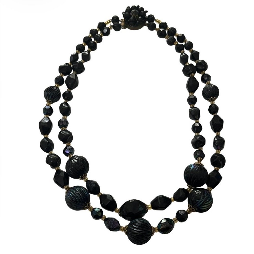 Vintage Signed Western Germany Necklace Black Faceted Double Strand Necklace